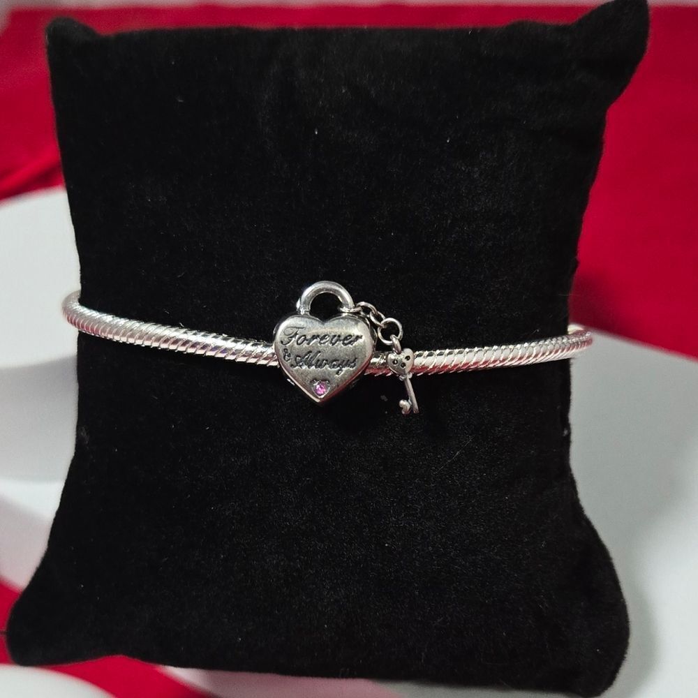 Heart Padlock & Key Silver Charm Pink Rhinestone Love European Bracelet Slide
